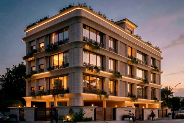 Residential apartment exterior at dusk with warm facade lighting